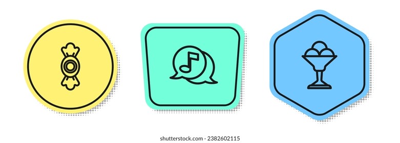 Set line Candy, Musical note in speech bubble and Ice cream bowl. Colored shapes. Vector