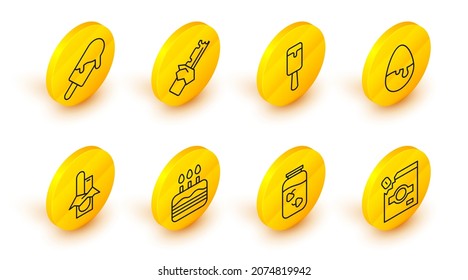 Set line Candy packaging for sweets, Strawberry jam jar, Cake with burning candles, Chocolate bar, egg, Ice cream, Bitten chocolate and  icon. Vector