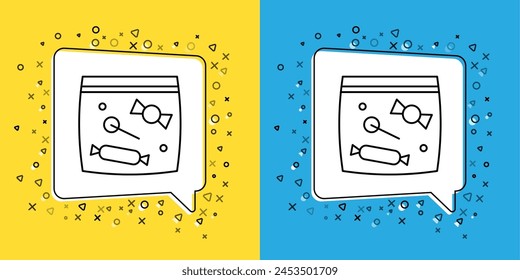 Set Line Candy Verpackung für Süßigkeiten Symbol isoliert auf gelbem und blauem Hintergrund. Tasche mit Süßigkeiten.  Vektorgrafik