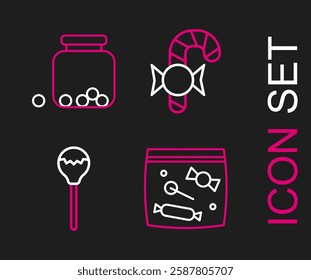 Set line Candy packaging for sweets, Lollipop, Christmas candy cane and Glass jar with candies inside icon. Vector