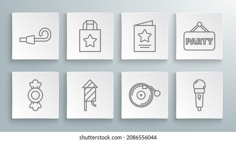 Set line Candy, Paper shopping bag, Firework rocket, Vinyl player with disk, Microphone, Greeting card, Signboard party and Birthday horn icon. Vector