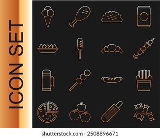 Set line Doce, Batatas fritas francesas na caixa, grelhado shish kebab, Taco com tortilha, Salsicha frita, prato Nachos, cone de waffle de sorvete e ícone Croissant. Vetor