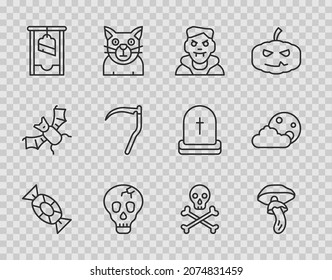 Set line Candy, Psilocybin mushroom, Vampire, Skull, Guillotine, Scythe, on crossbones and Moon stars icon. Vector
