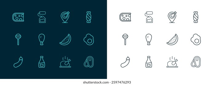 Set line Candy, Sauce bottle, Watermelon, Roasted turkey or chicken, Chicken leg, Cheese and Tea bag icon. Vector