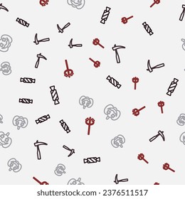 Legen Sie die Linie Candy, Scythe, Pumpkin und Trident-Teufel auf nahtlose Muster. Vektorgrafik