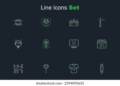 Set line Candy, Shirt with skull, Lollipop, Black cat, Halloween date 31 october, Skull, Funny scary ghost mask and Devil head icon. Vector