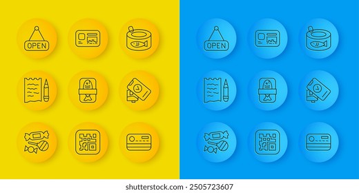 Set line Candy, Shopping list pencil, Fish plastic tray container, Credit card, POS terminal, Hanging sign with Open, Canned fish and Identification badge icon. Vector