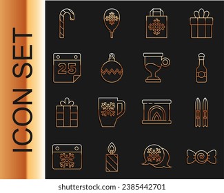 Set line Candy, Ski sticks, Champagne bottle, Christmas shopping bag, ball, Calendar, candy cane and Mulled wine icon. Vector
