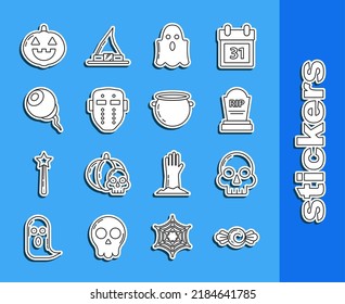 Set line Candy, Skull, Tombstone with RIP, Ghost, Hockey mask, Eye, Pumpkin and Halloween witch cauldron icon. Vector