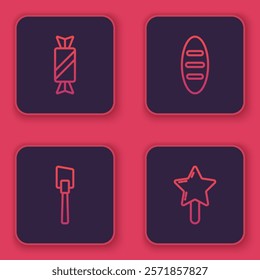 Set line Candy, Spatula, Bread loaf and Lollipop. Blue square button. Vector