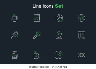 Set line Candy, Sugar cubes, Coffee cup, jar bottle, machine, Location with coffee bean, filter holder and Spatula grain icon. Vector