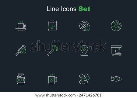 Set line Candy, Sugar cubes, Coffee cup, jar bottle, machine, Location with coffee bean, filter holder and Spatula grain icon. Vector