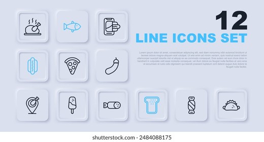 Set line Caramelo, Taco con tortilla, Rebanada de pizza, Pan tostado, Hotdog, Helado, Pescado y Salami icono de salchicha. Vector