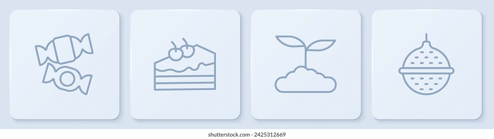 Set line Candy, Tea leaf, Piece of cake and Ball tea strainer. White square button. Vector