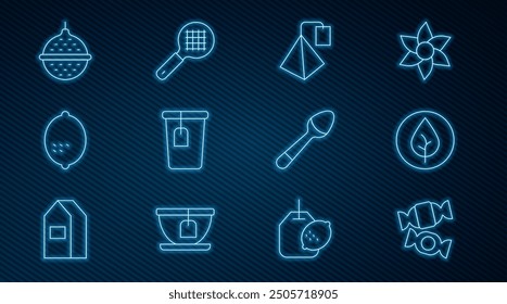 Set line Candy, Tea leaf, bag, Cup with tea, Lemon, Ball strainer, Teaspoon and handle icon. Vector