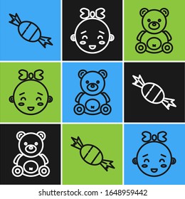 Set line Candy, Teddy bear plush toy and Happy little girl head icon. Vector