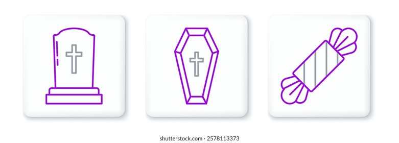 Set line Candy, Tombstone with cross and Coffin christian icon. Vector