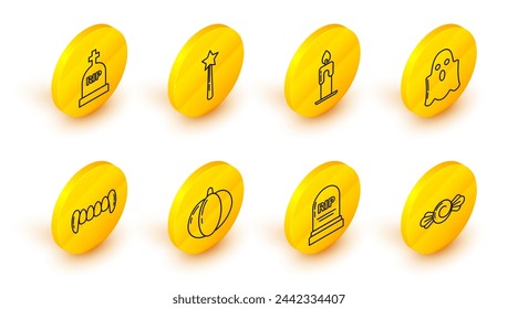 Set line Candy, Tombstone with RIP, Pumpkin, Vampire teeth, Ghost, Burning candle, Magic wand and  icon. Vector