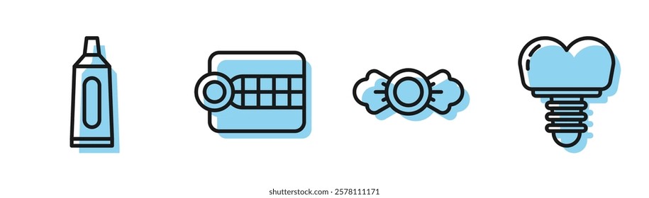 Set line Candy, Tube of toothpaste, Dentures model and Dental implant icon. Vector