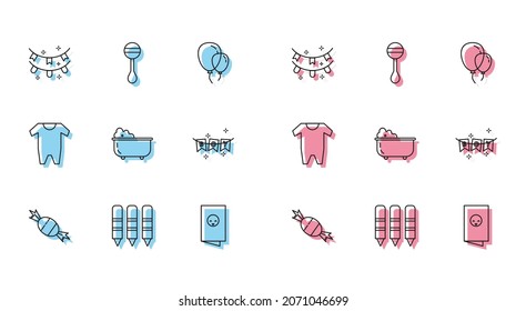 Fijar la línea Candy, Crayones de cera para dibujar, garland de carnaval con banderas, tarjeta de invitación a la ducha para bebés, afiche, bañera, ropa e ícono de juguete para bebés Rattle. Vector