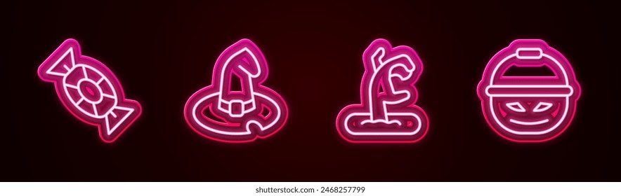 Set line Candy, Witch hat, Zombie hand and Pumpkin basket for sweets. Glowing neon icon. Vector