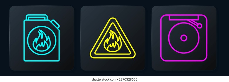Set line Canister for flammable liquids, Ringing alarm bell and Fire flame in triangle. Black square button. Vector