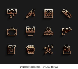 Set line Canister fuel, Dynamite and timer clock, Bloody money, Murder, Thief mask, Broken window, Pistol or gun and Mafia icon. Vector