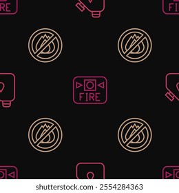 Set line Canister fuel, No fire and Fire alarm system on seamless pattern. Vector
