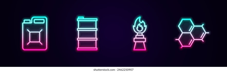 Set line Canister for gasoline, Barrel oil, Oil rig with fire and Molecule. Glowing neon icon. Vector
