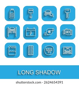 Set line Canister for gasoline, Car tire wheel, motor machine oil, Gear shifter, wash, battery, Check engine and Automotive turbocharger icon. Vector