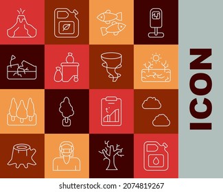 Set line Canister for gasoline, Cloud, Drought, Dead fish, Full dustbin, Earthquake, Volcano eruption with lava and Tornado icon. Vector