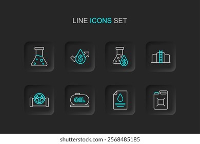 Set line Canister for gasoline, Contract money and pen, Oil tank storage, pipe with valve, petrol test tube, price increase and  icon. Vector