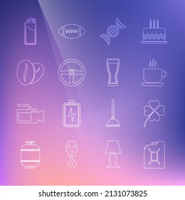 Set line Canister for gasoline, Four leaf clover, Coffee cup, DNA symbol, Steering wheel, beans, Sport bottle with water and Glass beer icon. Vector