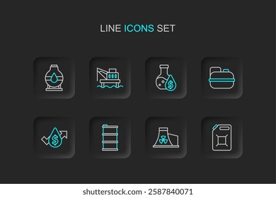 Set line Canister for gasoline, Nuclear power plant, Barrel oil, Oil price increase, petrol test tube, platform the sea and tank storage icon. Vector