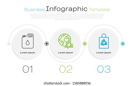 Set line Canister for gasoline, Planet earth and a recycling and Plastic bag with recycle. Business infographic template. Vector