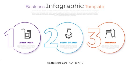 Set line Canister for gasoline, Test tube and flask and Oil and gas industrial factory building. Business infographic template. Vector