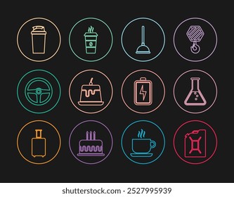 Set line Canister para gasolina, tubo de ensaio e frasco, êmbolo de borracha, pudim cremalheira, volante, agitador de fitness, bateria e ícone de copo de café. Vetor