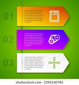 Set line Canister for gasoline, Timing belt kit, Wheel wrench and Gear. Business infographic template. Vector