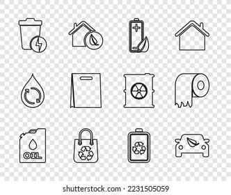 Set line Canister machine oil, Eco car drive with leaf, nature and battery, Shopping bag recycle, Lightning trash can, Battery and Toilet paper roll icon. Vector