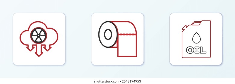 Set line Canister machine oil, Acid rain and radioactive cloud and Toilet paper roll icon. Vector