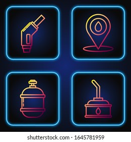 Set line Canister for motor machine oil, Propane gas tank, Gasoline pump nozzle and Refill petrol fuel location. Gradient color icons. Vector