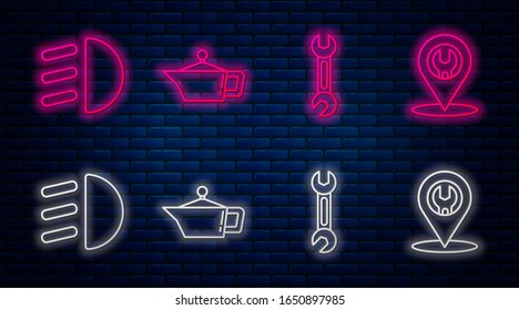 Fije la línea del cartucho para aceite de la máquina motora, llave, luz de carretera y servicio de Camión. Icono de neón brillante en la pared de ladrillo. Vector