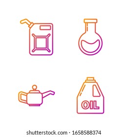 Fije la línea del cartucho para aceite de la máquina de motor, el cartucho para aceite de la máquina de motor, el cartucho para gasolina y el tubo de prueba y el matraz. Iconos de color degradado. Vector