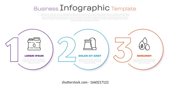 Set line Canister for motor machine oil, Oil and gas industrial factory building and Oil drop with dollar symbol. Business infographic template. Vector