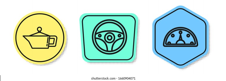 Fije el cartucho de la línea para aceite de la máquina del motor, el volante de la dirección y el velocímetro. Formas coloreadas. Vector