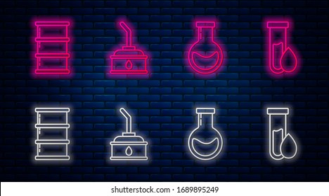 Set line Canister for motor machine oil, Test tube and flask, Barrel oil and Oil petrol test tube. Glowing neon icon on brick wall. Vector