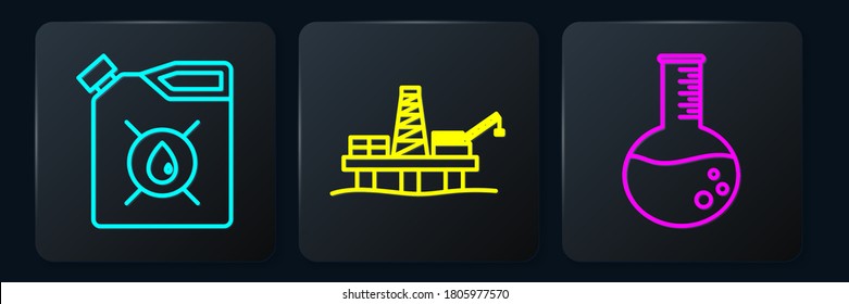 Set line Canister for motor machine oil, Oil petrol test tube and Oil platform in the sea. Black square button. Vector