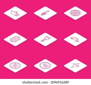 Ajuste la línea del cartucho para aceite de la máquina de motor, enchufe de la chispa de automóvil, rueda, semáforo, pistón del motor, parada sin estacionamiento e icono del selector de velocidades. Vector