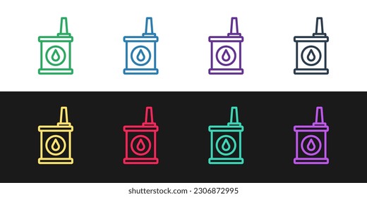 Set line Canister for motor machine oil icon isolated on black and white background. Oil gallon. Oil change service and repair.  Vector