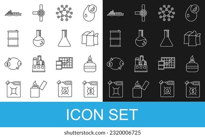 Fijar la línea de cartucho para aceite para máquinas motoras, quemador de alcohol, edificio industrial de aceite, molécula, tubo de ensayo de gasolina, barril, barco cisterna e icono. Vector
